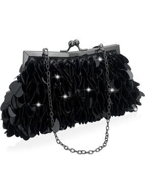 Sparkly Black Evening Clutch Purse Elegant Sequined  Formal Party Handbag